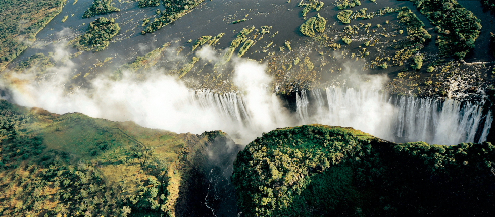 David Livingstone, Livingstone Island, Mosi-oa-tunya, Sambezi, Tongabezi, Victoria Falls, Viktoriafälle, Luftbild, UNESCO World Heritage Center