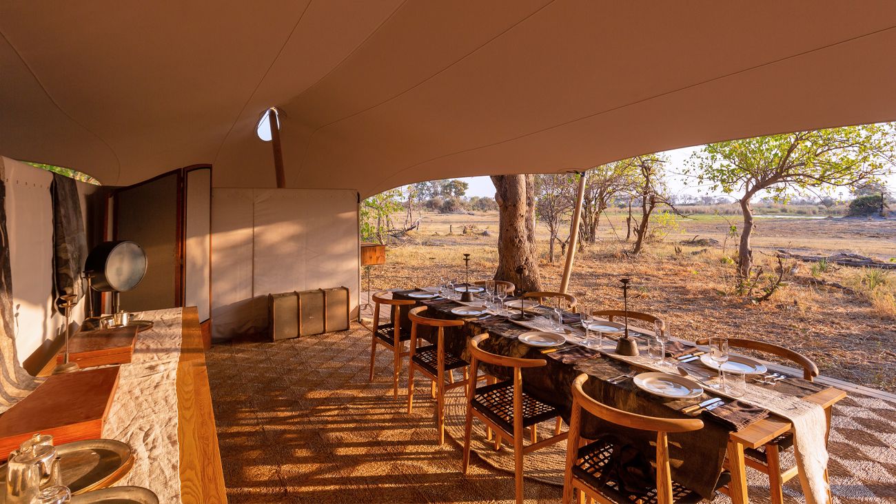 Camp Maru: Essenszelt Afrikarma, Afrikarma Safaris, Afrikarma Safaris. Wildnis. Hautnah., Afrikarma.de, Bäume, Dinner, Esstisch, Stühle, Zelt, Camp Maru, Okavango Hidden Gems