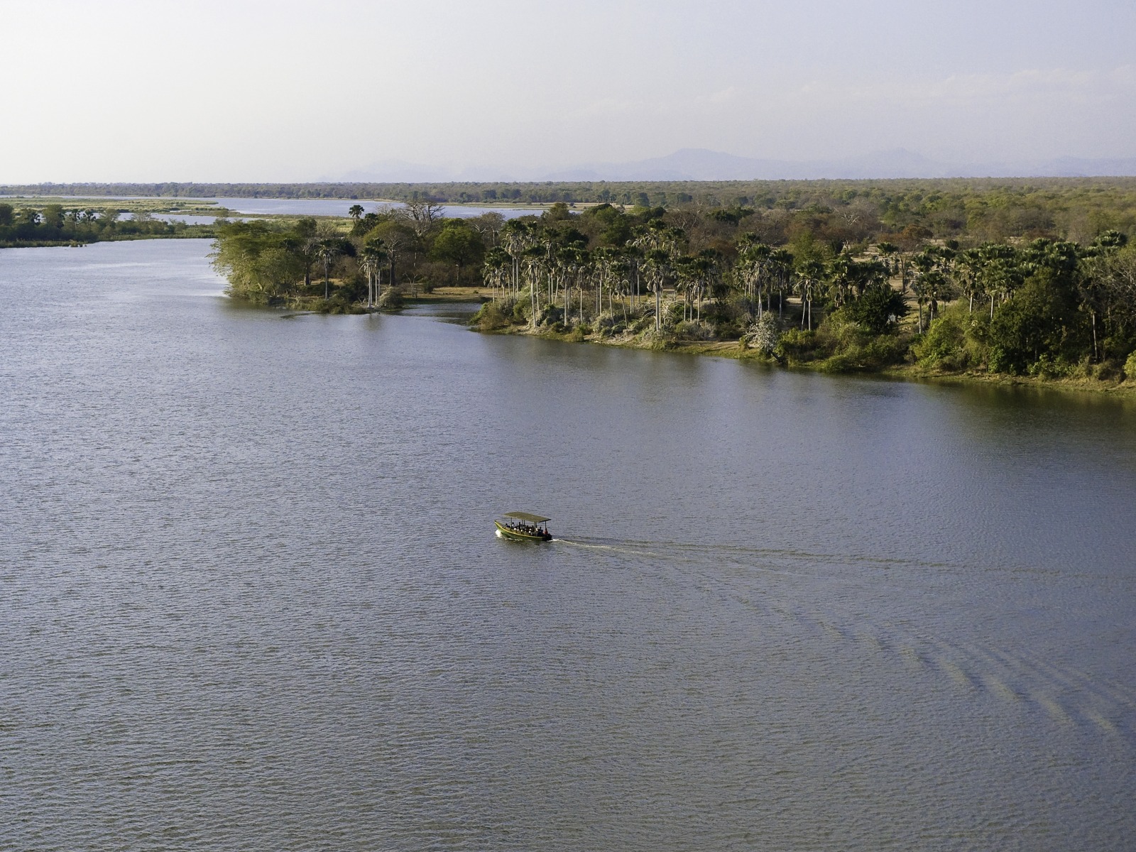 Mvuu Lodge: Der Shire aus der Luft Liwonde, Liwonde National Park, Liwonde Nationalpark, Malawi, Mvuu, Mvuu Lodge, Mvuu Wilderness Lodge, Rhino Sanctuary, Shire, Shire River, Wilderness Safaris, Boot, Fluss, Landschaft, Luftbild