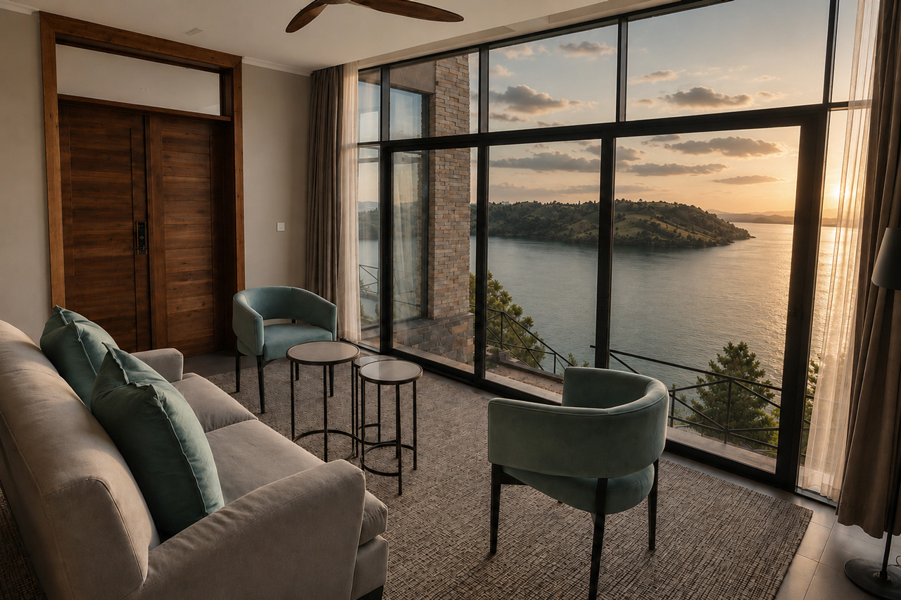 Lux Lake Kivu Hotel: Familiensuite Wohnbereich mit Blick nach draußen Lux Lake Kivu Hotel: Familiensuite Wohnbereich mit Blick nach draußen