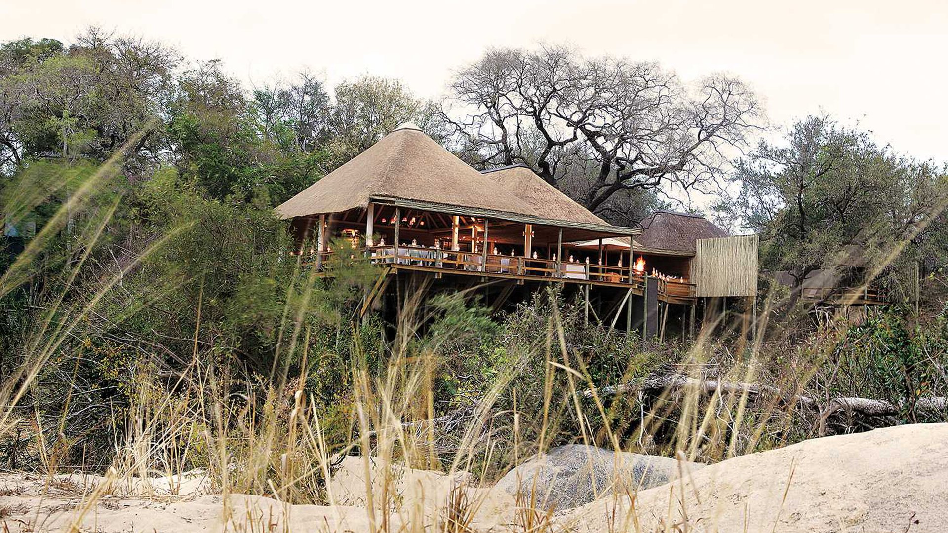 Kruger National Park, Londolozi, Londolozi Founders Camp, Londolozi Game Reserve, Sabi Sand Game Reserve, Sand River, Südafrika, Flussbett, Hauptgebäude, Matumi-Bäume, Speisebereich, Terrasse, Afrikarma, Afrikarma Safaris, Afrikarma Safaris – Wildnis. Hautnah., afrikarma.de