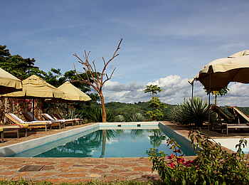 Papaya Lake Lodge: Sonnenschirme am Swimming Pool