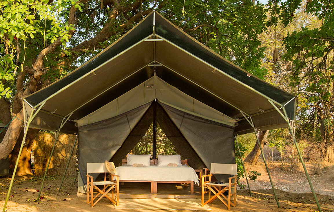 Mapazi Camp, Deb Tittle, Doppelbett, Elefant, Gästezelt, Loxodonta Africana, Luangwa River, Pirsch, South Luangwa National Park, Vordach, Walking Safari, Afrikarma, Afrikarma Safaris, Afrikarma Safaris. Wildnis. Hautnah., Afrikarma.de