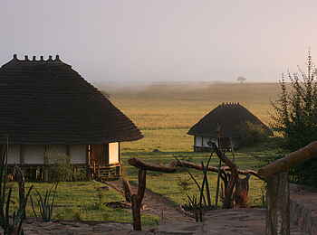 Apoka Safari Lodge: Morgennebel in der Savanne vor den Gästechalets