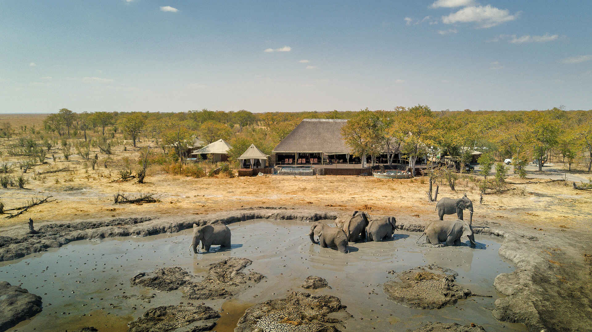 Camp Kuzuma, Hideaways, Kazuma Forest Reserve, Elefant, Gesamtansicht, Luftbild, Wasserloch, Afrikarma, Afrikarma Safaris, Afrikarma Safaris - Wildnis. Hautnah., Afrikarma.de