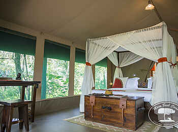 Mara Bush Camp: Doppelbett und Dekotruhe Mara Bush Camp: Doppelbett und Dekotruhe