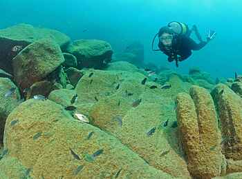 Kaya Mawa: Taucher über Felsen
