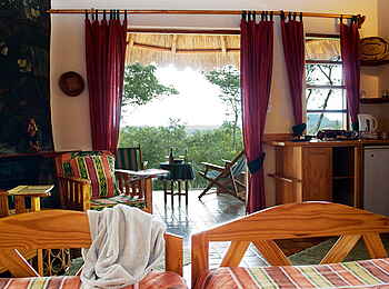 Musangano Lodge: Blick aus dem Wohnschlafzimmer eines Chalets