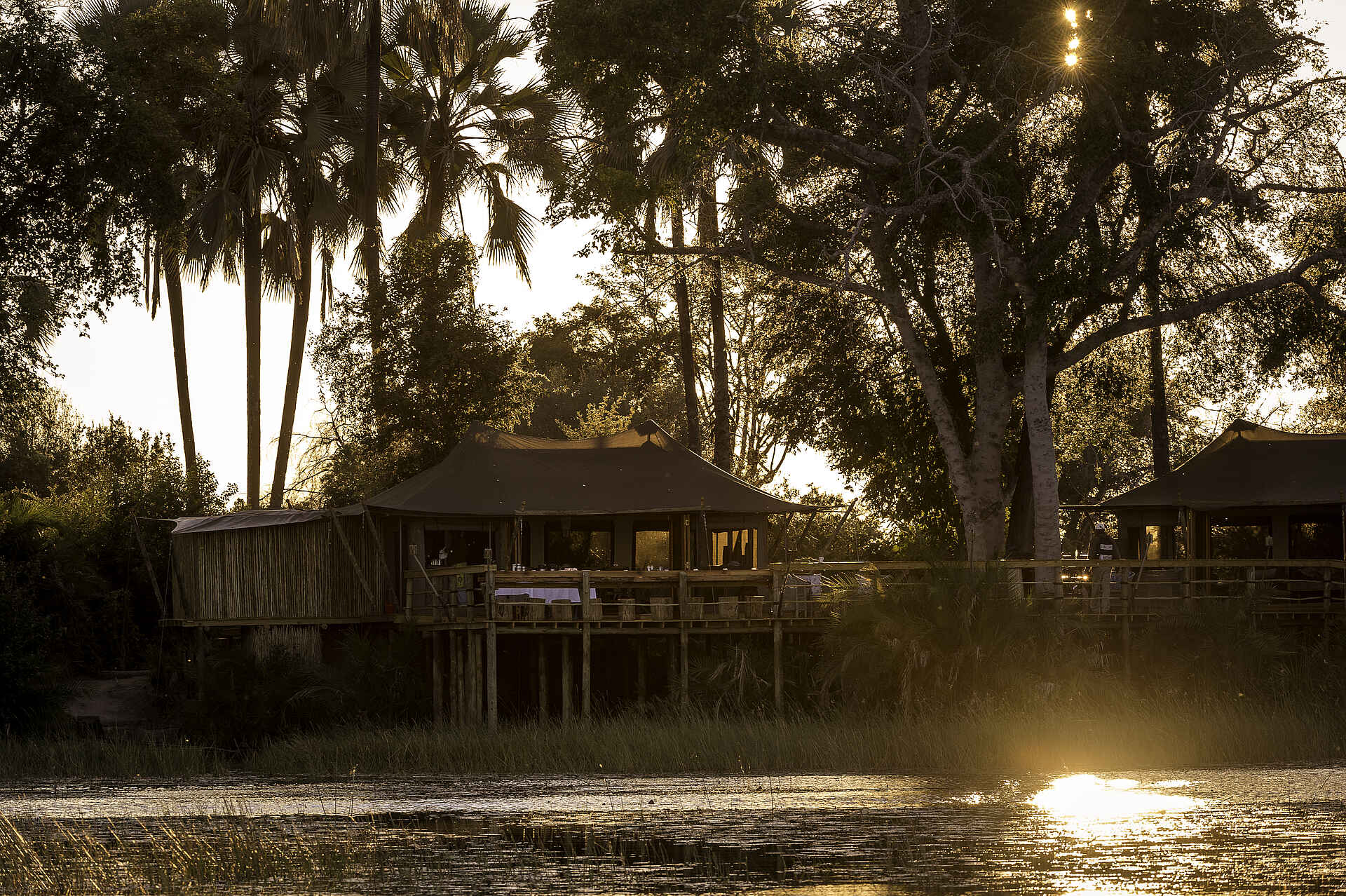 Pelo Camp: Camp im Gegenlicht Adventure Camp, Afrikarma, Jao Konzession, NG 25, Okavango-Delta, Pelo, Pelo Camp, Safari, Gesamtansicht, Hauptzelt, Wassercamp, Wilderness Safaris, Afrikarma Safaris, Afrikarma Safaris - Wildnis. Hautnah., afrikarma.de