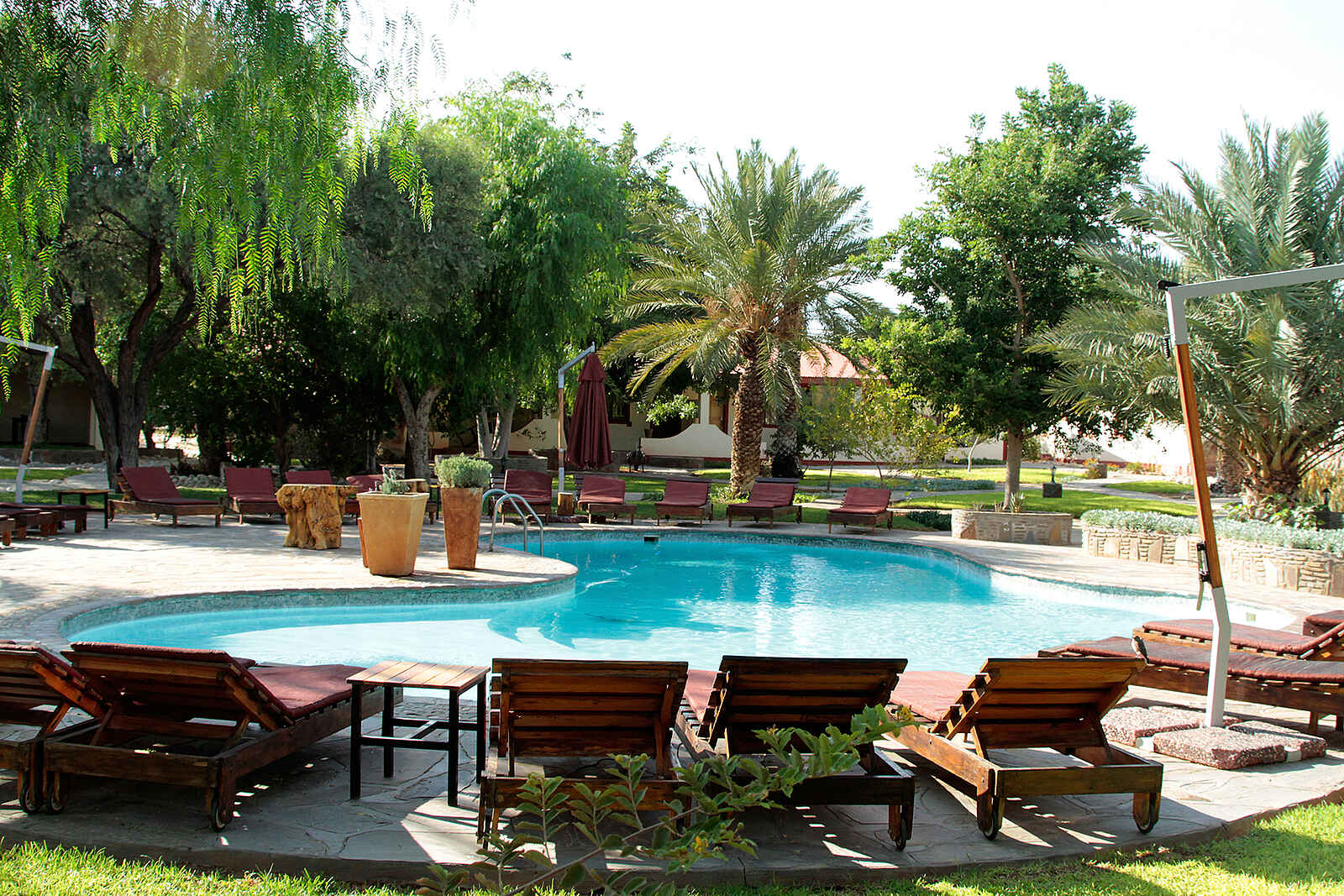 Namib Desert Lodge: Schattenspendende Bäume am Pool Namib Desert Lodge: Schattenspendende Bäume am Pool