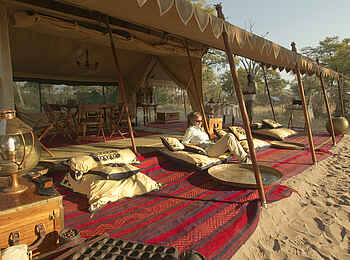 Selinda Explorers Camp: Sonniges Lager unter dem Zeltvordach Selinda Explorers Camp: Sonniges Lager unter dem Zeltvordach