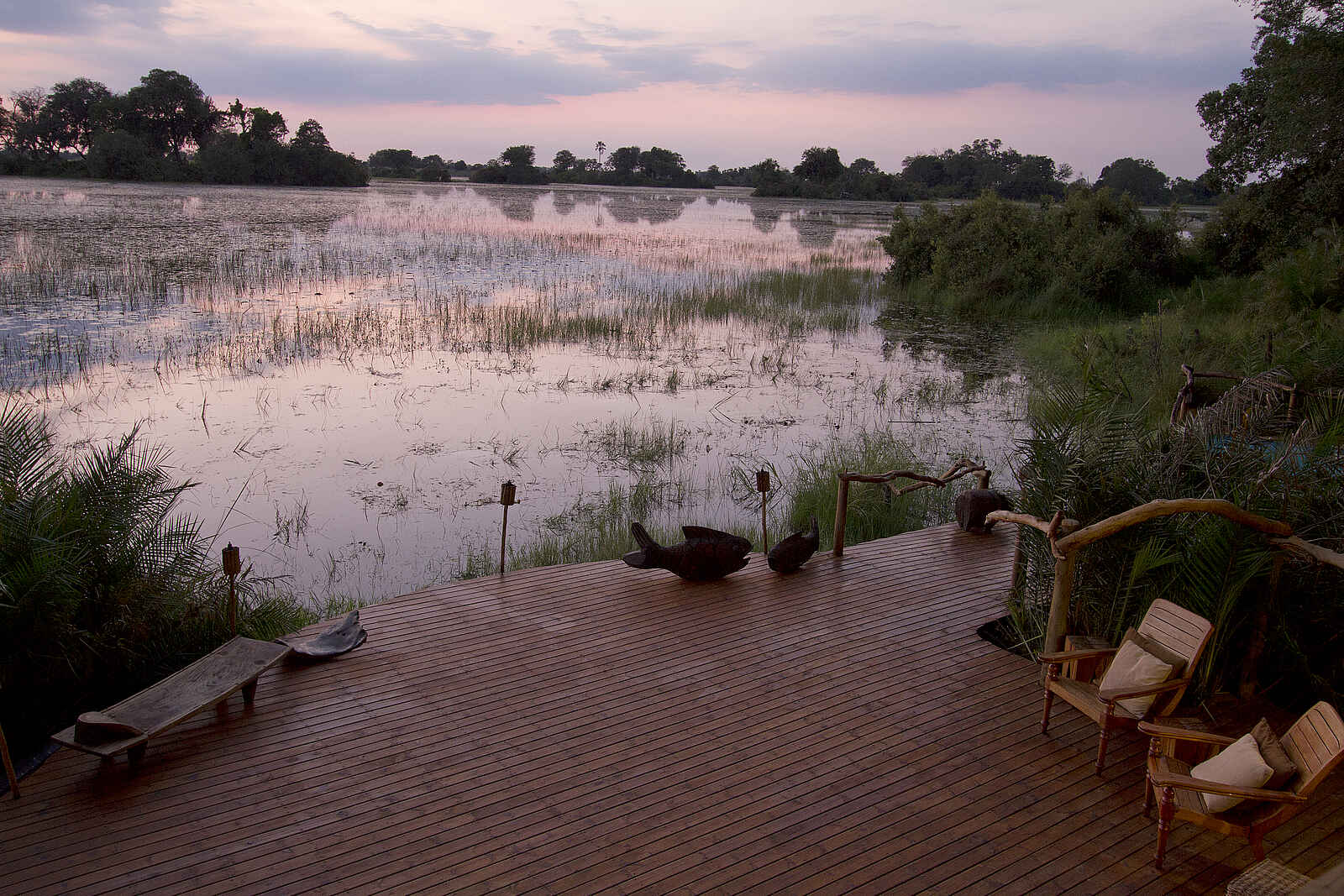 Jacana Camp: Blick von Terrasse bei Sonnenuntergang Jacana Camp: Blick von Terrasse bei Sonnenuntergang