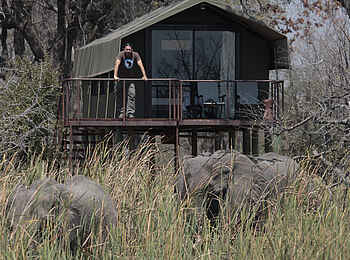 Nkasa Lupala Tented Lodge: Elefanten vor einem Chalet Nkasa Lupala Tented Lodge: Elefanten vor einem Chalet