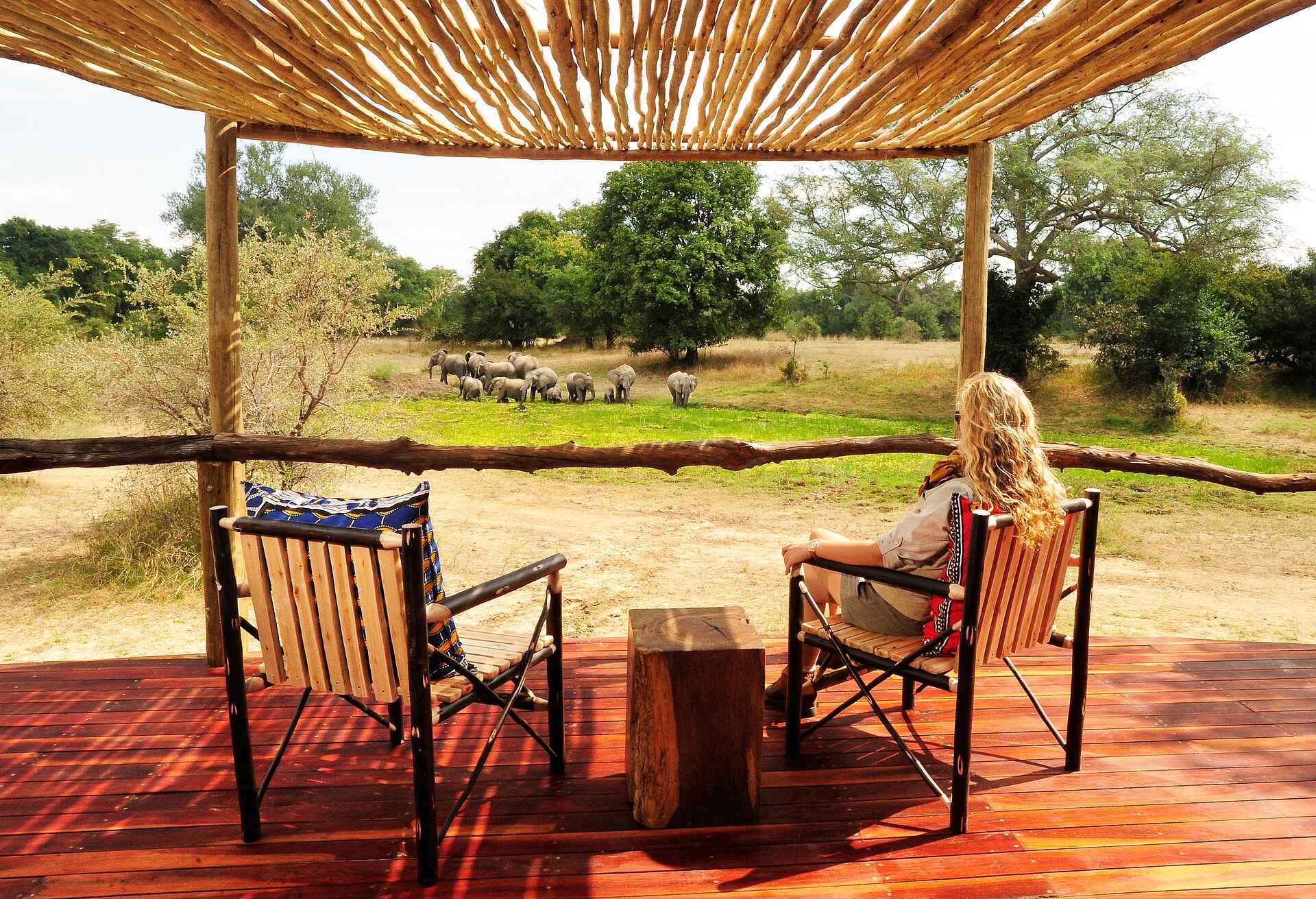 Bilimungwe Bushcamp: Elefanten vor einer privaten Veranda Bilimungwe Bushcamp: Elefanten vor einer privaten Veranda