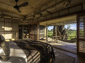 Mombo Camp: Doppelbett im Zelt und Holzdeck Mombo Camp: Doppelbett im Zelt und Holzdeck