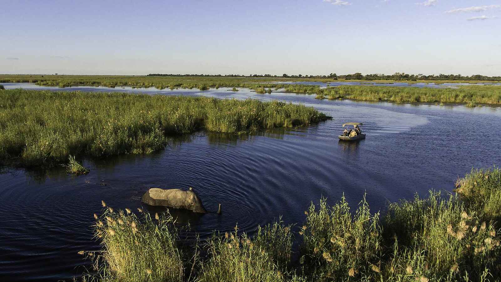 Little DumaTau: Motorboot auf dem Linyanti-River Little DumaTau: Motorboot auf dem Linyanti-River