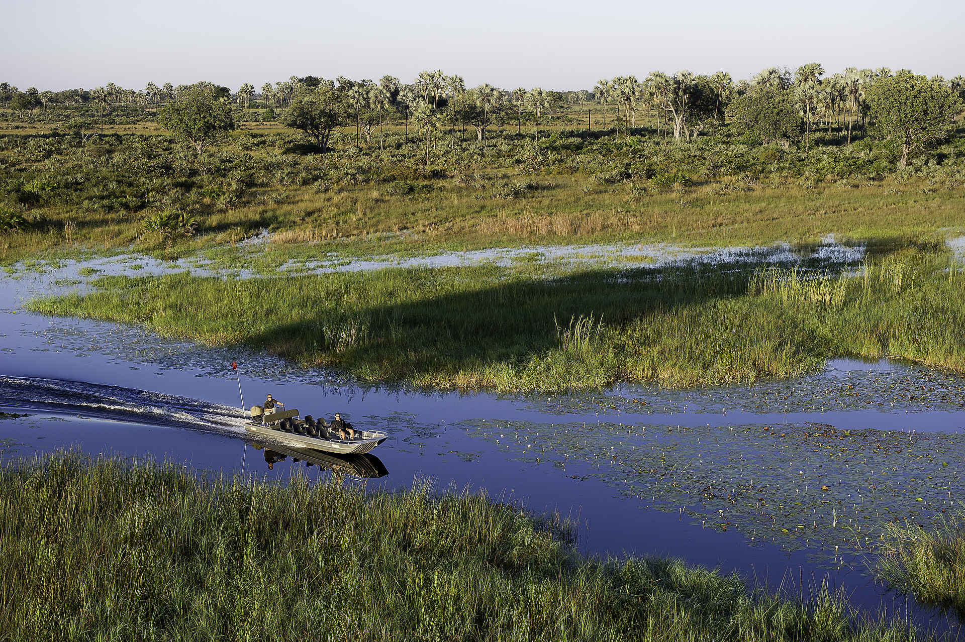 Kwetsani Camp: Schnellboot durch die Deltakanäle Afrikarma, Afrikarma Safaris, Afrikarma Safaris - Wildnis. Hautnah., Afrikarma.de, Kwetsani Camp, Bäume, Gäste, Schnellboot durch ein Wasserkanal