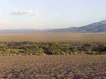 Olduvai Camp: Panorama mit Lemakarot-Vulkan
