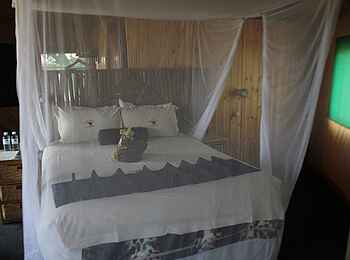Camp Linyanti: Doppelbett mit Moskitonetz Camp Linyanti: Doppelbett mit Moskitonetz