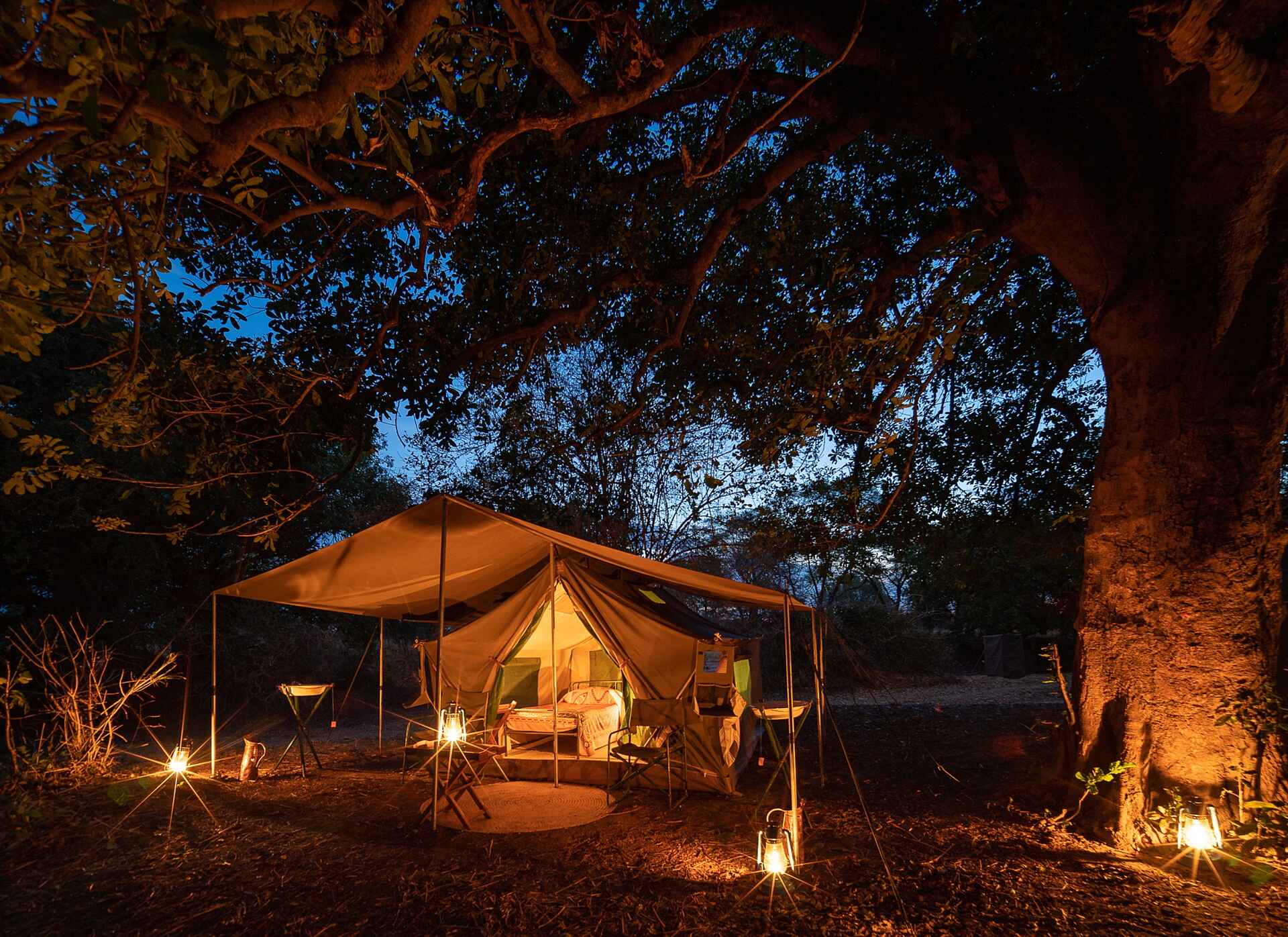 Mobile Walking Safari: Ein Gästezelt am Abend