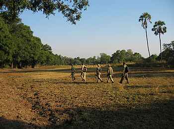 Island Bush Camp: Überquerung einer trockenen Lagune Island Bush Camp: Überquerung einer trockenen Lagune