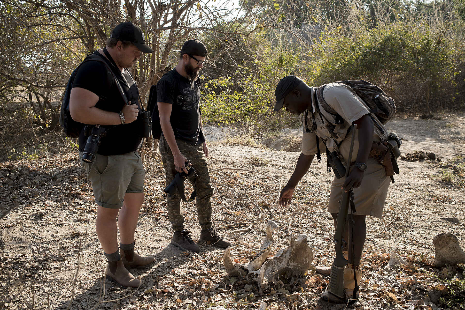 Afrikarma, Afrikarma Safaris, Afrikarma Safaris - Wildnis. Hautnah., Afrikarma.de, Nyamatusi Camp, Bäume, Büsche, Ferngläser, Gewehr, Kameras, Knochen, Messer, Ranger, Rucksäcke, Sandboden, Zwei Gäste