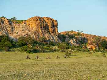 Mashatu Game Reserve: Radfahrer vor Klippen