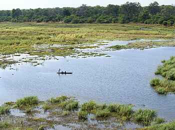 Linyanti Bush Camp: Luftbild mit Mokoro Linyanti Bush Camp: Luftbild mit Mokoro