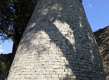 Great Zimbabwe: Konischer Turm unter alten Bäumen Great Zimbabwe: Konischer Turm unter alten Bäumen