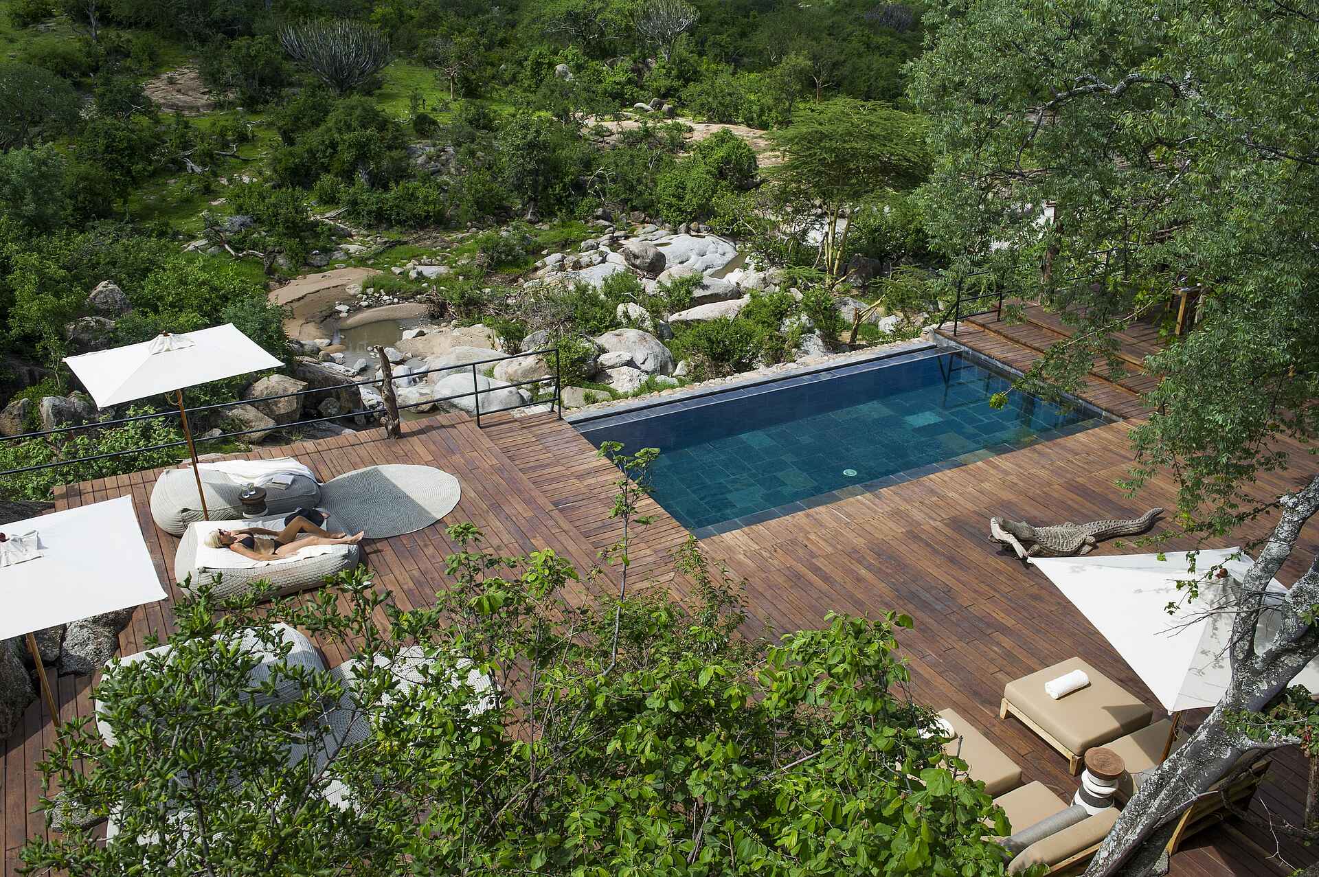 Friedkin Conservation Fund, Legendary Expeditions, Legendary Mwiba Lodge, Mwiba Wildlife Reserve, Afrikarma, Afrikarma Safaris, Afrikarma Safaris. Wildnis. Hautnah., Afrikarma.de, Liegestuhl, Luftbild, Sonnenschirm, Swimming Pool