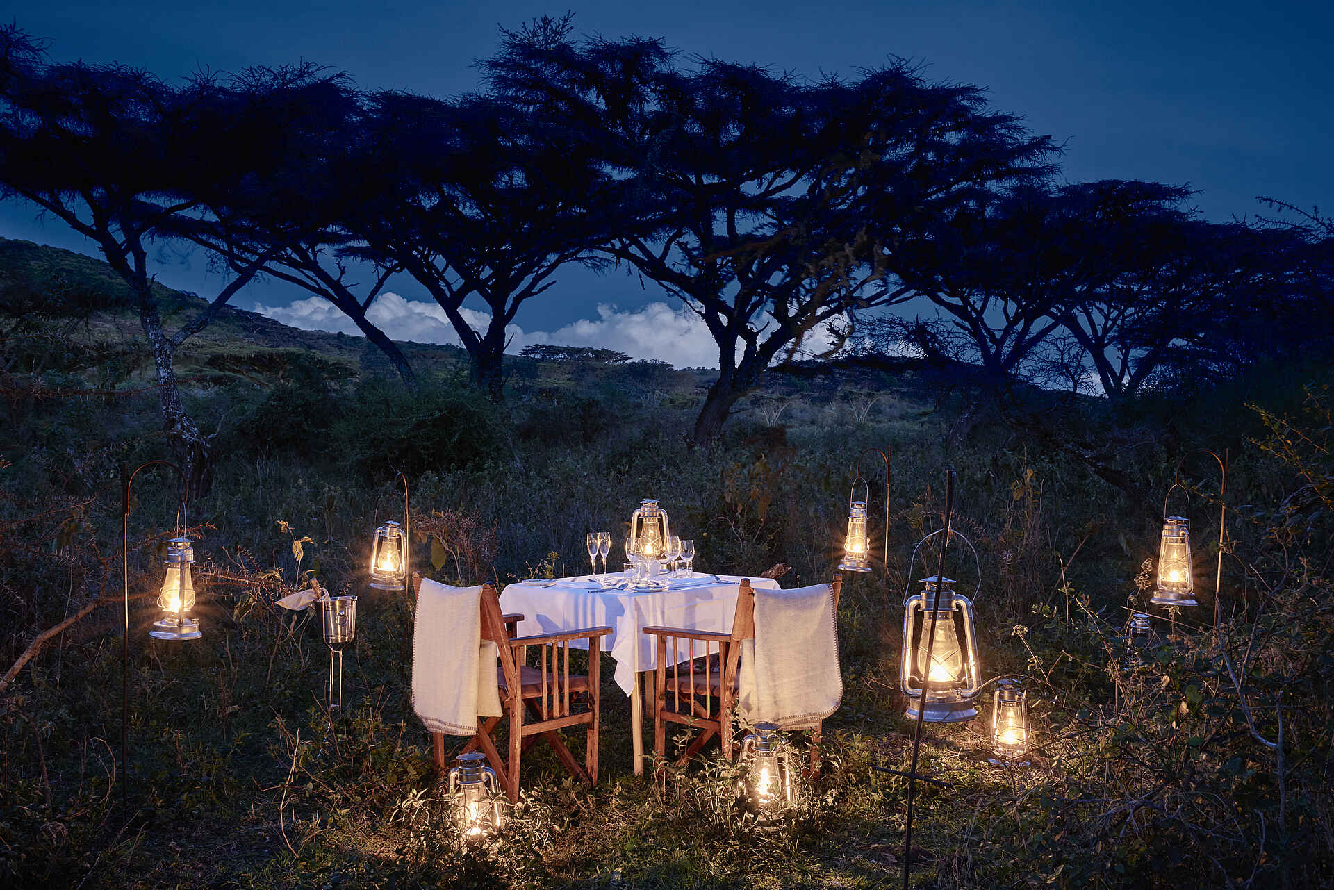 Sanctuary Ngorongoro Crater Camp: Abendessen im Busch Afrikarma, Afrikarma Safaris, Afrikarma Safaris - Wildnis. Hautnah., Afrikarma.de, Sanctuary Ngorongoro Crater Camp, Bäume, Besteck, Büsche, Decken, Eiskühler, Flasche, Gläser, Graslandschaft, Paraffinlampen, Servietten, Stühle, Teller, Tisch, Tischdecke