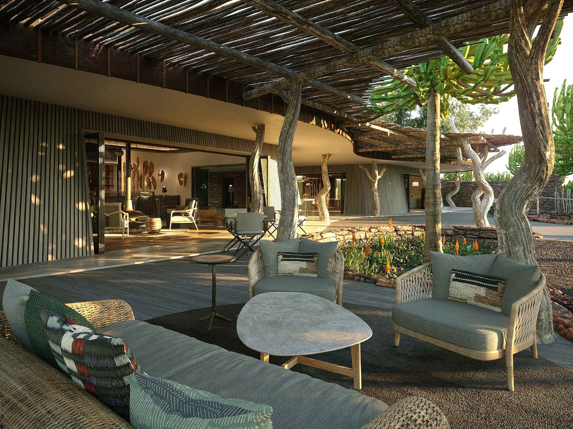 Mashatu Euphorbia Villas: Blick vom Deck zur Lounge Mashatu Euphorbia Villas: Blick vom Deck zur Lounge