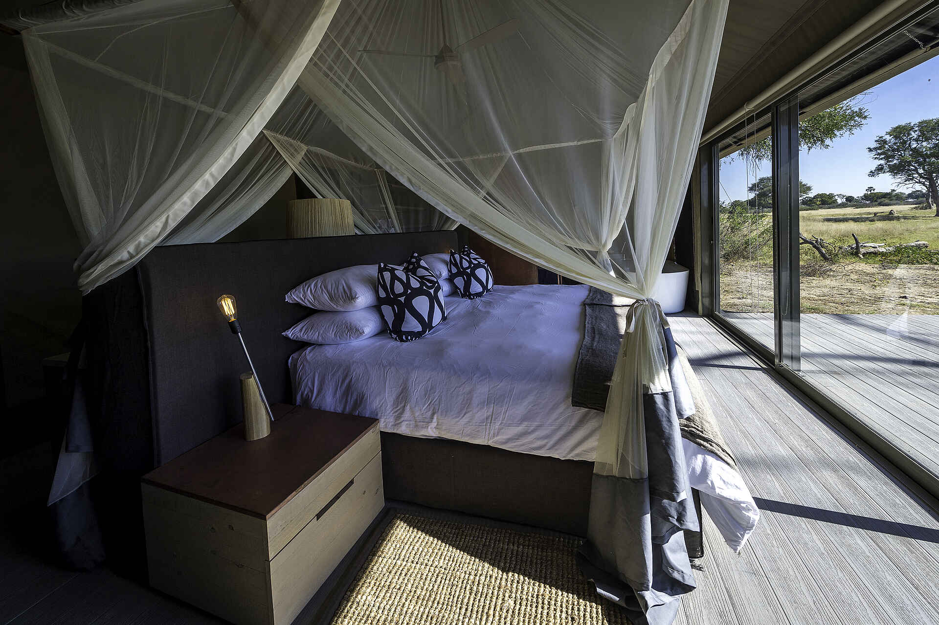 Linkwasha Camp: Bett mit Aussicht linkwasha camp, bett, unterkunft, zelt