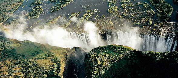 David Livingstone, Livingstone Island, Mosi-oa-tunya, Sambezi, Tongabezi, Victoria Falls, Viktoriafälle, Luftbild, UNESCO World Heritage Center