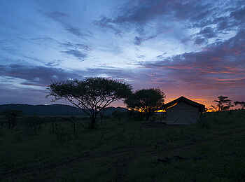 Kiota Camp: Abendstimmung hinter einem Gästezelt Kiota Camp: Abendstimmung hinter einem Gästezelt