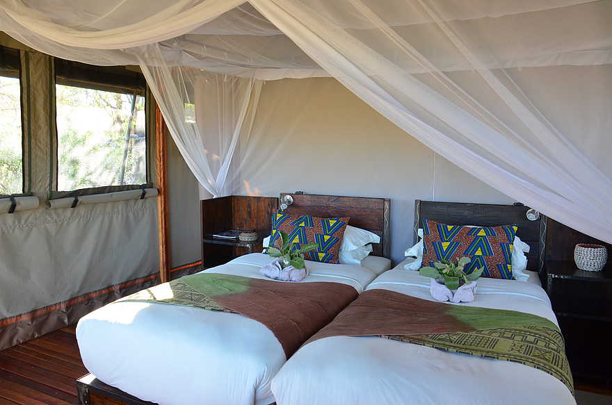 Sango Safari Camp: Doppelbett unter Moskitonetz Sango Safari Camp: Doppelbett unter Moskitonetz