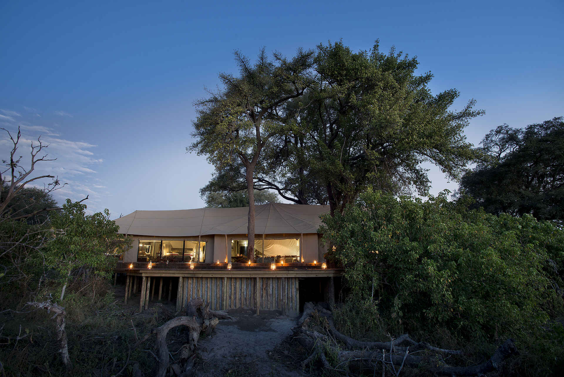 Beverly Joubert, Dereck Joubert, Great Plains Conservation, Linyanti, NG 16, Selinda Reserve, Zarafa Dhow Suites, Bäume, Gesamtansicht, Suiten, Afrikarma, Afrikarma Safaris, Afrikarma Safaris - Wildnis. Hautnah., Afrikarma.de