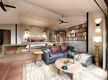 Kwetsani Camp: Loungebereich mit Blick zum Bett