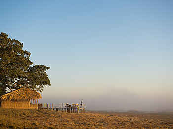 Mukambi Busanga Plains Camp: Hauptgebäude im Nebel Mukambi Busanga Plains Camp: Hauptgebäude im Nebel
