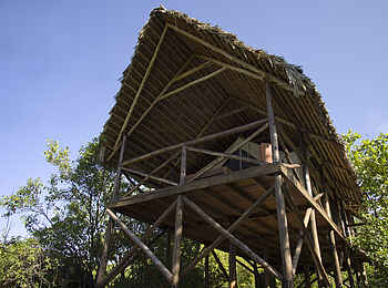 Maweninga Camp: Holzplattform, Innenzelt und Reetdach