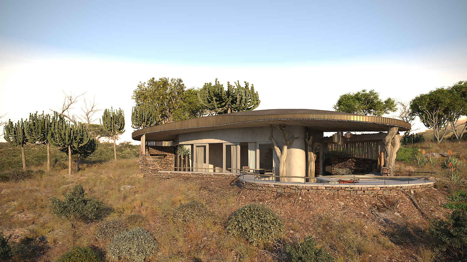 Mashatu Euphorbia Villas: Ansicht einer Villa mit Plunge Pool vorne rechts Mashatu Euphorbia Villas: Ansicht einer Villa mit Plunge Pool vorne rechts